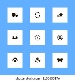 nature icons. truck, house heart, recycle sign and watermill vector icons set