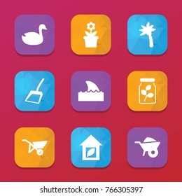 Nature icons. vector collection filled nature icons set.. includes symbols such as wheelbarrow, duck, scoop, whellbarrow, eco house. use for web, mobile and ui design.