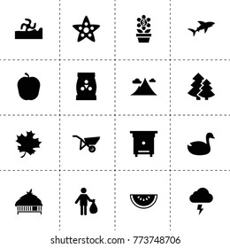 Nature icons. vector collection filled nature icons. includes symbols such as harvester, duck, hive, fertilizer, man with garbage. use for web, mobile and ui design.