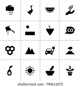 Nature icons. vector collection filled nature icons. includes symbols such as medical bowl, honeycombs, grapes, harvest, goose, sowing. use for web, mobile and ui design.