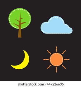 Nature Icon,Tree,Cloud,Moon,Sun. / Cute Icon. / Vector