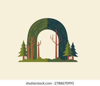 Nature Illustration of an Abstract Rainbow Arch Surrounded by Trees in a Calming Forest Environment
