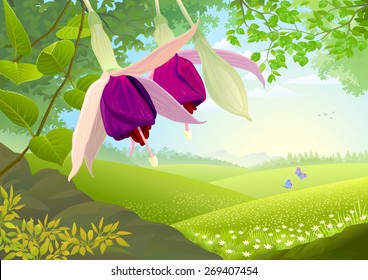 Nature Illustration with Beautiful violet flowers and grassland