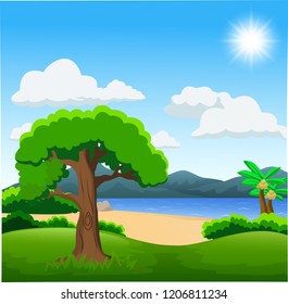 Nature illustration with green forest, calm lake and mountains
