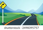 Nature illustration, Mountain view, Road to mountain, Green meadow for background.