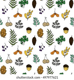Nature illustration. Natural materials. Forest postcard. Forest fruits, leaves, branches. Seamless pattern