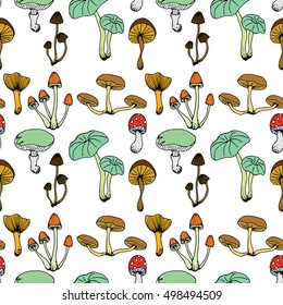 Nature illustration. Natural materials. Forest postcard. Assorted mushrooms. Edible and poisonous mushrooms. Seamless pattern..
