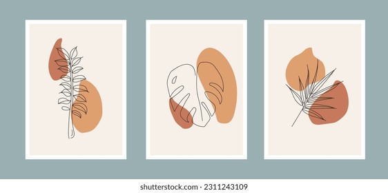 vector de hoja de planta de ilustración natural. diseño línea de arte fondo abstracto conjunto de verano mínimo. follaje gráfico moderno bifurcación botánica moda hojas florales imprimir plantilla tropical floral.