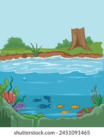 Nature illustration showing fishes swimming in lake and a cutted tree