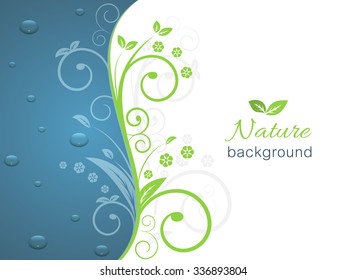 Nature illustration with spiral swirly pattern, water drops and space for your text. Vector background.