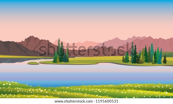 自然のイラスト 緑の森と夏のベクター画像の風景 静かな湖 花が咲く花 夕空にピンクの山 のベクター画像素材 ロイヤリティフリー