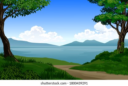 Nature illustration with trees and path at lake