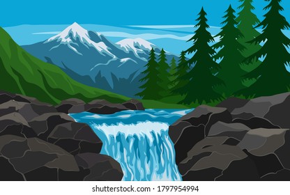 Nature illustration with waterfall and rocks
