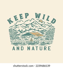 ilustración de naturaleza salvaje diseño de montañas gráficas campamento camiseta vintage de fuego