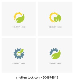 Nature, industry and ecology vector logo. The sun with leaves, gear wheel with the sprout and pinion with green fresh leaf - technology, environment and eco icons.