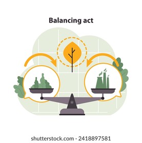 Nature and industry on a scale, showcasing equilibrium. Arrows indicate a continuous cycle between greenery and factories. Striving for environmental harmony. Flat vector illustration
