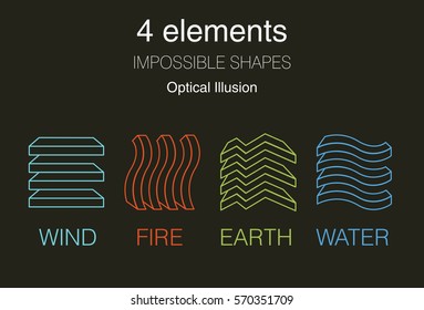 Nature infographic elements on dark background. Impossible shapes and optical illusion. Line symbols with air, fire, earth,water. Alternative energy sources and eco logo. 