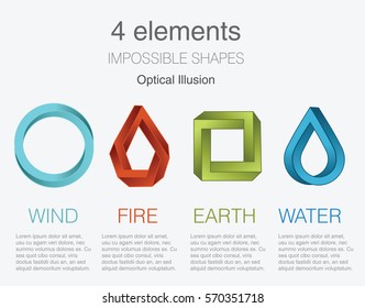 Nature infographic elements on dark background. Impossible shapes and optical illusion. Line symbols with air, fire, earth,water. Alternative energy sources and eco logo. 