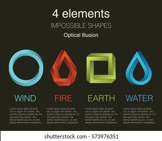 Nature infographic elements on dark background. Impossible shapes and optical illusion. Line symbols with air, fire, earth,water. Alternative energy sources and eco logo. 