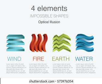 Nature infographic elements on dark background. Impossible shapes and optical illusion. Line symbols with air, fire, earth,water. Alternative energy sources and eco logo. 