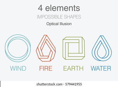 Nature Infographic Elements On Dark Background. Impossible Shapes And Optical Illusion. Line Symbols With Air, Fire, Earth,water. Alternative Energy Sources And Eco Logo