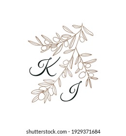 Nature Initials isolated design, uppercase letters with olive branch. Vector nature monogram for wedding, greeting. Letters with botanical elements for card, invitation, save the date, logo.