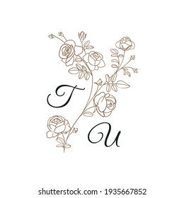 Nature Initials isolated design, uppercase letters with a branch of a rose. Vector nature rose monogram for wedding, greeting. Letters with botanical elements for card, invitation, save the date.