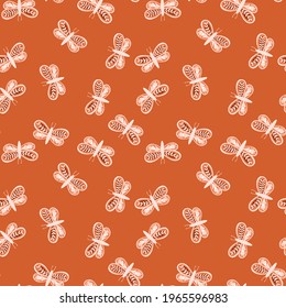 Nature insect seamless pattern with little random folk butterfly print. Orange background. Botanic style. Great for fabric design, textile print, wrapping, cover. Vector illustration.