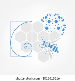Nature inspiration icon. Vector illustration of honeycombs, bee, fibonacci spiral and fullerene molecule