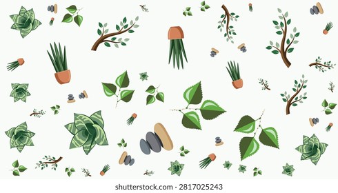 nature inspired design featuring green leaves branches stones and wooden objects in earthy colors suitable for botanical or outdoor themes