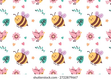 Von der Natur inspirierter, endloser Hintergrund mit Garteninsekten und blühenden Reben. Lebendige wiederkehrende Textur für ökologisches Branding, saisonale Textilien und Geschenkverpackungsdesigns