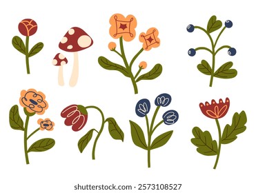 Nature Inspired Floral and Mushroom Set. A collection of eight illustrations, featuring rosebuds, mushrooms, berries, and decorative flowers. Perfect for botanical, nature-themed projects