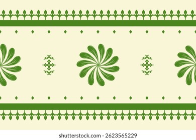 Nature Inspired Green Leaves Swirl To Round Shape Ornament Striped Border. Abstract Florals Leaves Element with Green on Light Beige Background Design for all decor as Wallpaper embroidery festive rug