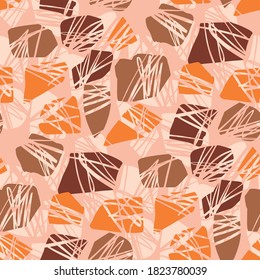 Nature inspired grunge abstract shapes pattern. Seamless background in terra-cotta terrazzo style. Vector fall colors motif for fabric, textile, wrap, web and print.
