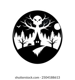 Nature Inspired Halloween Silhouette logo design template black and white