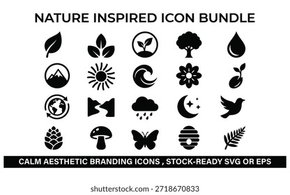 Nature inspired icon bundle featuring calm aesthetic botanical, eco, leaf, moon, wave and wildlife symbols