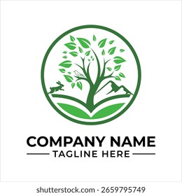Nature Inspired Logo with Tree Bird Rabbit and Mountains in Green Circle for Eco Friendly Company Branding