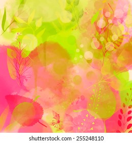 Nature inspired pink and green background with watercolor texture and leaves. Vector design for spring advertisement, banners, cards.