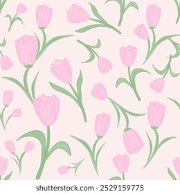 Nature Inspired Pink Tulip Flowers and Leaves Flowing Seamless Pattern Vector. Glasshouse, Classic Flowers, Adorable Classy Pastel, textile, Hand draw, Plant, Wildflower, Scarf, Garment, Kebaya, Batik