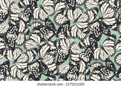 Nature inspired seamless pattern. Abstract fashion print with butterflies for fabric, wallpaper, package, gift paper. Vector animalistic background