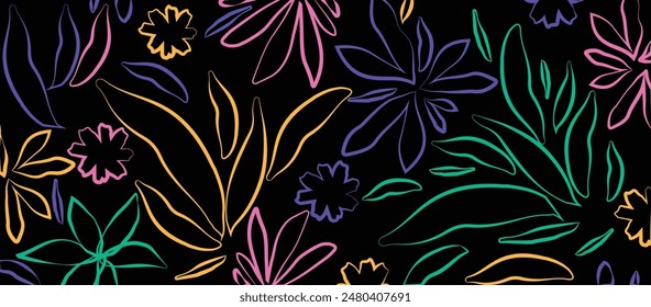 Nature inspired shapes. Cute botanical elements, random cutouts of tropical leaves, flowers and plans. Decorative abstract art vector on black background