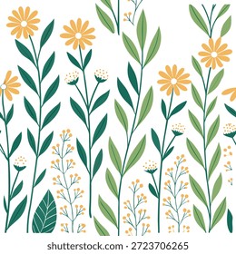 Nature inspired spring garden seamless tile pattern with wildflowers and herbs for natural beauty concept as A seamless pattern featuring wildflowers and herbs for a rustic and nature inspired spring garden theme in Photo Stock Concept and empty space on the left side,no text --ar 7:2 --tile