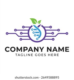 Nature Inspired Technology Logo with DNA Strand Digital Circuitry and Green Leaves for Modern Scientific Company