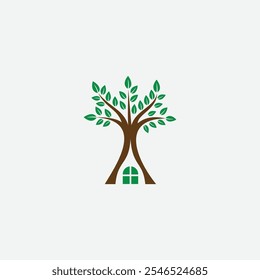 Nature Inspired Treehouse Logo Design Minimalistic Green and Brown Tree Illustration with Leafy Branches and a Cozy House Element for Eco Friendly