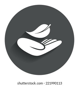 Nature insurance sign icon. Hand holds leaf symbol. Environmental protection symbol. Circle flat button with shadow. Modern UI website navigation. Vector