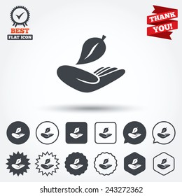 Nature insurance sign icon. Hand holds leaf symbol. Environmental protection symbol. Circle, star, speech bubble and square buttons. Award medal with check mark. Thank you ribbon. Vector