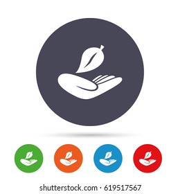Nature insurance sign icon. Hand holds leaf symbol. Environmental protection symbol. Round colourful buttons with flat icons. Vector