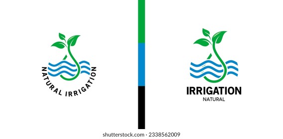 Diseño del logotipo de riego natural, símbolo del icono de la ola de agua con gota de hoja verde