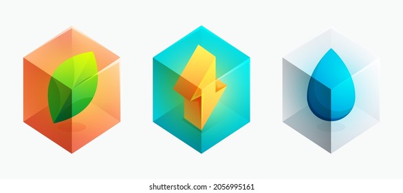 Nature Isometric Icon Set. Three Alternative Ways To Produce Energy From Bio, Lightning, And Water Sources. Ecology Environment And Renewable Energy Sources Emblems. 