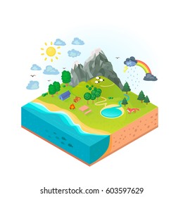 Nature isometric illustration with landscape. Vacation concept. Vector.